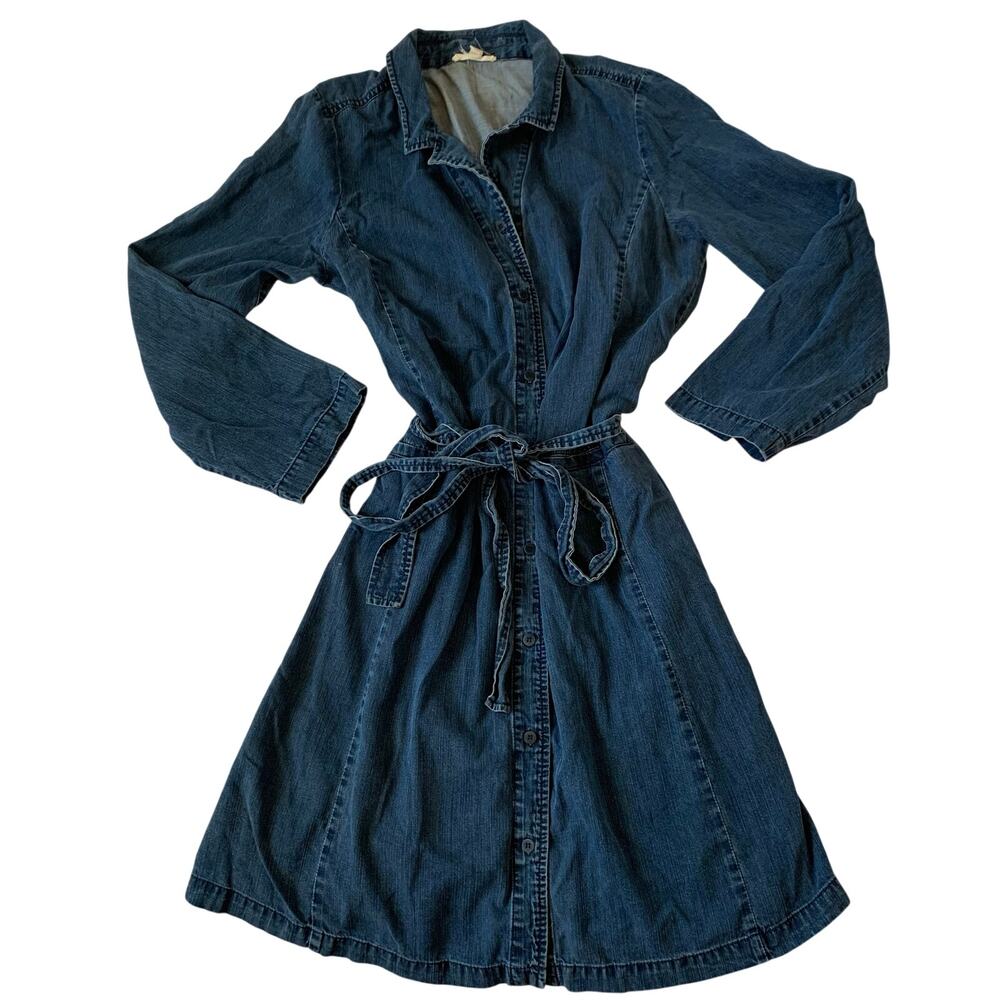 Eileen Fisher Womens Medium Blue Denim Shirt Dress Belt Pockets Button Collar